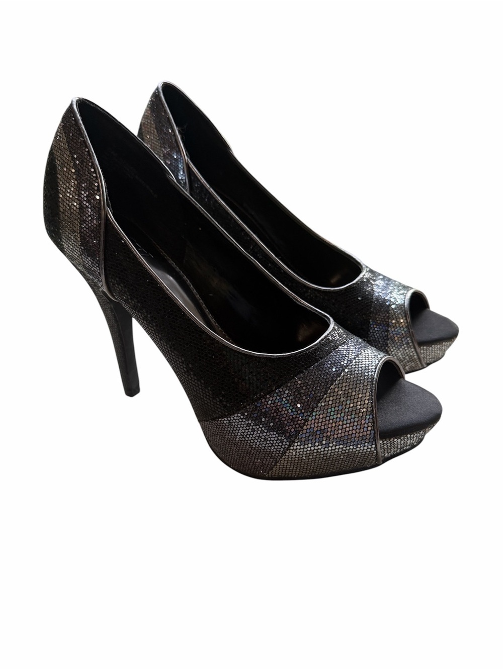 Worthington Black Gray Sparkly Peep Toe Platform Pumps Size 6